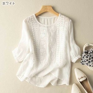 【現品50％オフ】EH1759s-w-2XL ※衿ぐり小さめ 刺繍シャツ 7分袖 ナチュラル カジュアル