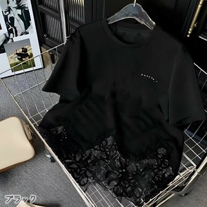 【現品50％オフ】ONA3011s-bk-L 裾刺繍Tシャツ コットン 半袖  エレガント カジュアル 夏