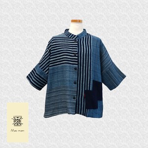 Button Shirt/Blouse Stripe Indigo Front Opening [2025 NEW]