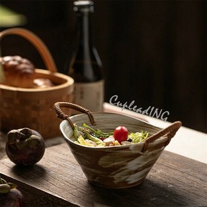 【2025新作】激安セール 手作り炻器 麻紐ハンドル付き 6インチ麺碗 レトロ風多用途ボウル