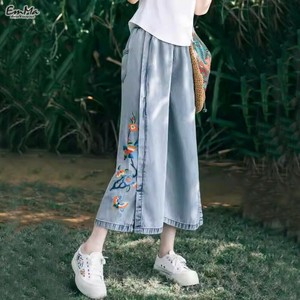 刺繍デニムクロップドパンツ ウエストゴム ワイドレッグ 春 夏  【2025新作】 ONA4038