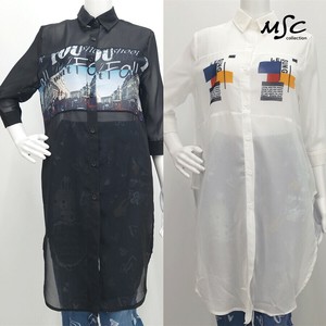Button Shirt/Blouse Back Print Printed Switching Sheer
