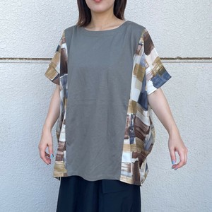 即納【2025新作】サイド柄切替プルオーバー　夏服　ゆったり　大きめ　半袖　柄Tシャツ