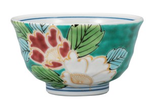 九谷烧 饭碗 山茶花 绿色