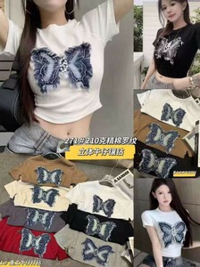 デニム蝶アップリケTシャツ