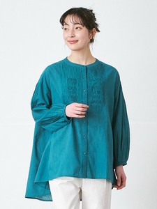バンドカラー変形ピンタックブラウス　綿ローンキャンブリック　長袖 3色 M L ゆったり