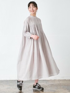 バンドカラーピンタックワンピース　綿キャンブリック 半端袖 3色 M L ゆったり