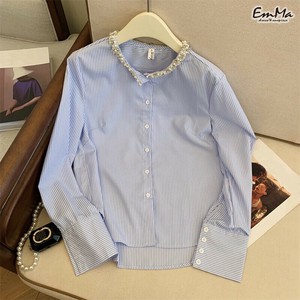 【現品50％オフ】LEB0473s-one ビジューカラーストライプシャツ パール カジュアル 長袖 春 秋