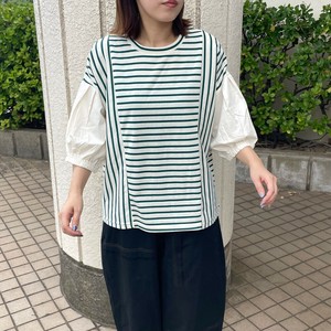 即納【2025新作】袖タックプルオーバー　半袖　夏服　ゆったり　体型カバー　Tシャツ　無地　異素材