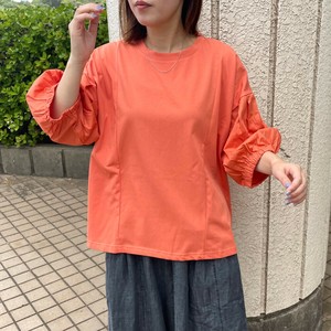 即納【2025新作】袖タックプルオーバー　半袖　夏服　ゆったり　体型カバー　Tシャツ　無地　異素材