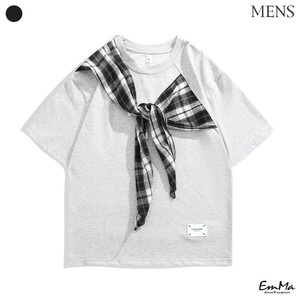 【メンズ】 フェイクツーピースチェック柄Tシャツ レトロカジュアル 夏    ONA3047【2025新作】