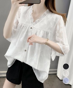 国内即納 Vネックフリルブラウス 花柄刺しゅう夏服