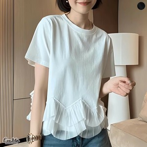 裾刺繍Tシャツ 半袖 フェミニン カジュアル ラウンドネック   【2025SS】 ONA2096