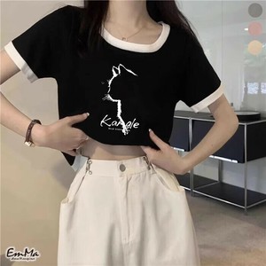 ねこモチーフ半袖Tシャツ ショート丈 ツートンカラー  スリム カジュアル 夏  【2025SS】 ONA1090