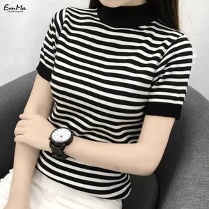 サマーニット半袖ボーダーTシャツ スタンドネック カジュアル 夏   【2025SS】 ONA1080