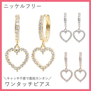 ★【ニッケルフリー】揺れる ハート キュービック ワンタッチ フープピアス