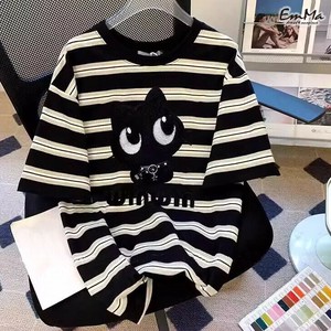 ねこモチーフボーダーTシャツ 半袖  カジュアル 夏 ビッグシルエット 【2025SS】 ONA2102
