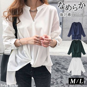 ブラウス タック 七分袖 前絞りデザイン なめらか生地 M/L スキッパ— シャツブラウス  /全3色