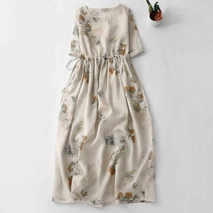 ワンピース 綿麻 ラウンドネック 半袖  花柄  ゆったり  快適 レディースファッション  LX2535