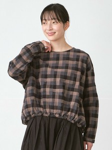 【予約販売】裾ゴムプルオーバーブラウス　コットンリネンチェック M L LL 3L《大きいサイズ》【9月入荷】