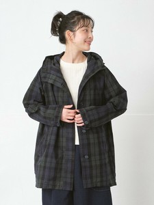 フードつきミドル丈コート　コットンブラックウォッチ柄　 M L ゆったり