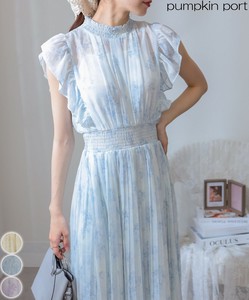 【2025年新作】水彩花プリント フリル袖 消しプリーツ ロングワンピース