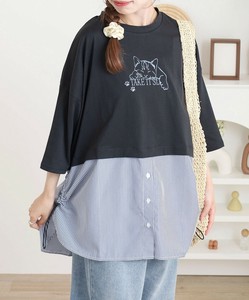 プリント+刺繍異素材使い七分袖BigTシャツ