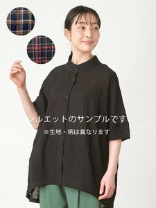 【予約販売】スタンドカラーブラウス　コットン混シャーリングチェック　2色　M　ゆったり【8月入荷予定】