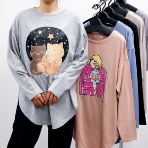 T-shirt Big Tee Long T-shirt Cat Printed Cut-and-sew