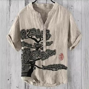 P22519 半袖 中国風 Tシャツ メンズ 男 ファッション 2025春夏新作 トップス プリント ボタン