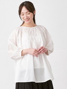 手刺繍スモックブラウス　綿ローン　長袖 3色 M L ゆったり