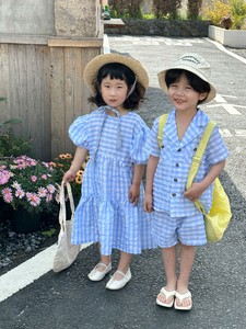 韓国スタイル 2色8サイズ シャツ＆パンツ or ワンピース 半袖 チェック柄 夏