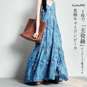 【2025春夏】INSスタイル レトロV字襟リゾートスタイル無袖長めコットンストラップドレス