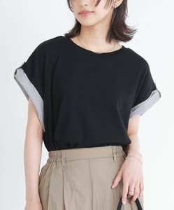 袖折り返しデザインカットソー レディース Tシャツ 半袖 袖 ボタン 配色 大きいサイズ SS