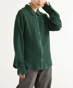 ワッフルニットソーシャツ シャツ レディース トップス 長袖 ボタン 透かし編み 大きいサイズ SS AW
