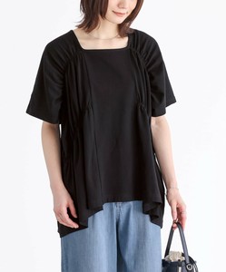 ゴムシャーリングトップス レディース トップス 半袖 Tシャツ カットソー ギャザー 大きいサイズ SS