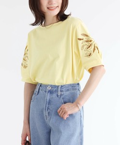 オリジナル刺繍袖カットTシャツ レディース トップス 半袖 五分袖 カットソー 刺繍 大きいサイズ SS