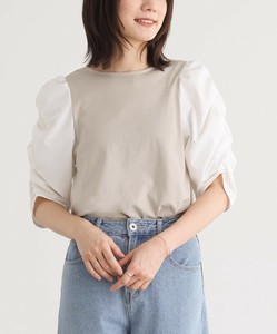 異素材シャーリングスリーブカットソー レディース トップス 半袖 五分袖 大きいサイズ SS