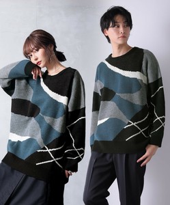 マーブル×線画ジャカードニット レディース メンズ ユニセックス トップス 長袖 ニット 総柄 AW