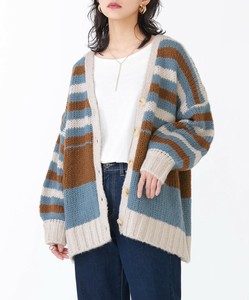 ミックスボーダー柄ニットカーディガン レディース トップス 長袖 Vネック 大きいサイズ AW