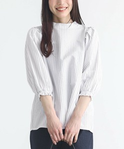 ストライプ柄ボリューム袖ブラウス レディース トップス シャツ 袖ゴム 大きいサイズ SS