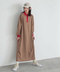 配色ラインポロニットワンピース レディース 長袖 ロング マキシ スポーティー 大きいサイズ SS AW