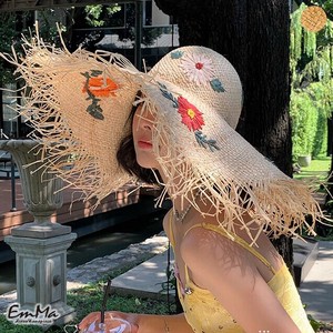 フラワー麦わら帽子 ストロー女優帽子 ビーチ 夏   ONK3029 【2025SS】