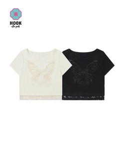 【HOOK】for girls バタフライレースショートTシャツ レディース 半袖 蝶