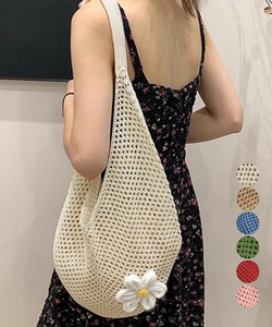 国内即納 トートバッグ花モチーフ付き編みバッグ軽量