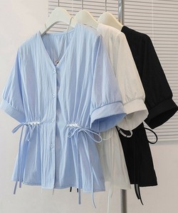 国内即納 ドロストシャツブラウス パール付夏服半袖