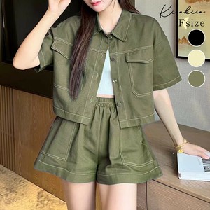 セットアップ《ステッチ半袖シャツジャケット+ショートパンツセットアップ 全3色》
