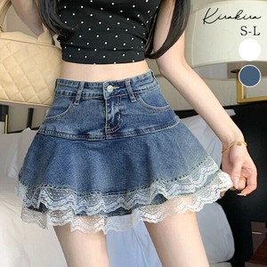 パンツ《ティアード裾レースデニムミニスカートパンツ 全3色 3サイズ》