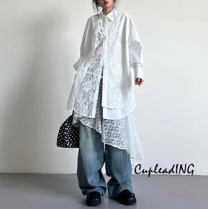 人気上昇 韓国ファッション 春夏 レース拼接フェイクツーウェイシャツ ルーズ長袖