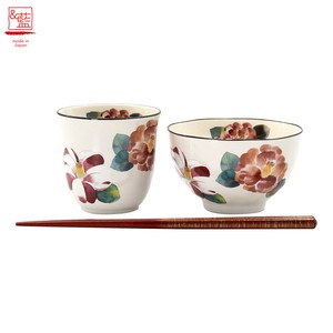 ＆藍●日本製 美濃焼 ギフト セット 和食器 食器 陶器●季彩 飯碗湯呑 椿(若狭塗り箸付)セラミック藍